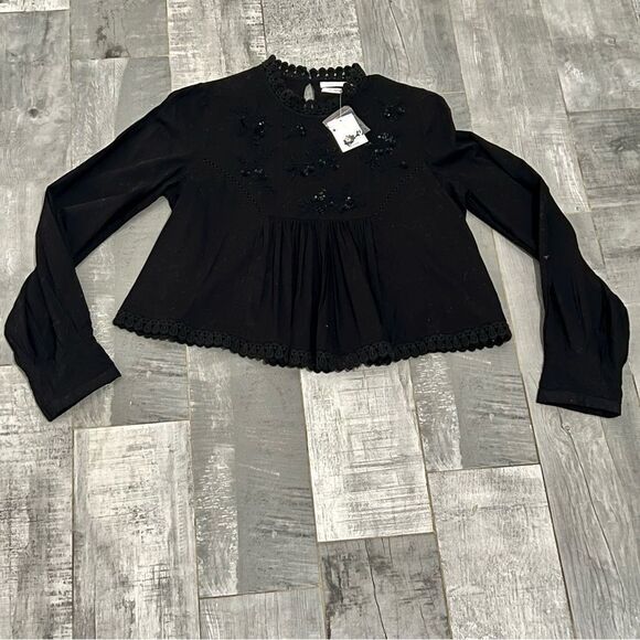 Urban Outfitters UO Boho Black Beaded Sequin Embroidered Long Sleeve Crop Top S - Picture 8 of 13